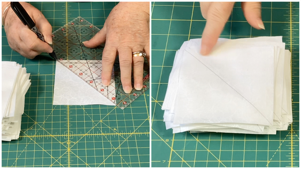 draw a line diagonally on each white square of fabric